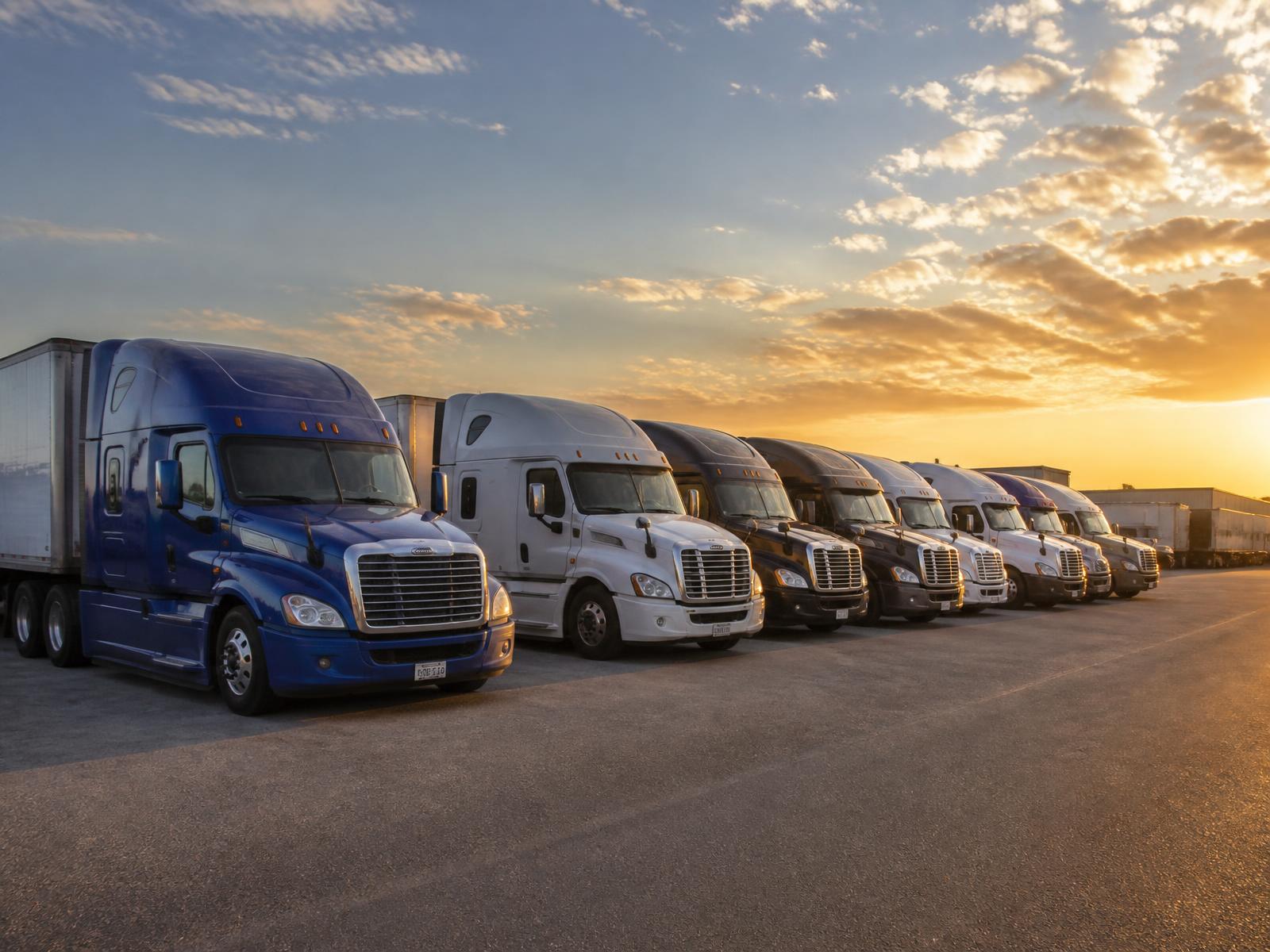 Fleet of long-haul semi trucks lined up at a trucking terminal at sunset